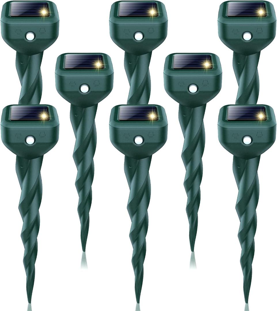 Mole Repellent Solar Powered, 8 Pack Snake & Skunk Repellent for Yard, IP 65 Waterproof Ultrasonic Deterrent Stakes, Get Rid of Rabbit, Gopher, Vole, Chipmunk, Deer, Groundhog for Lawns Garden