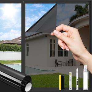 ConCus-T One Way Window Privacy Film with 4 Free Tools, Heat Control UV Blocking Window Tint for Home Reflective Mirror Film Static Cling Door Glass Covering, Black, 23.62" x 157.48"