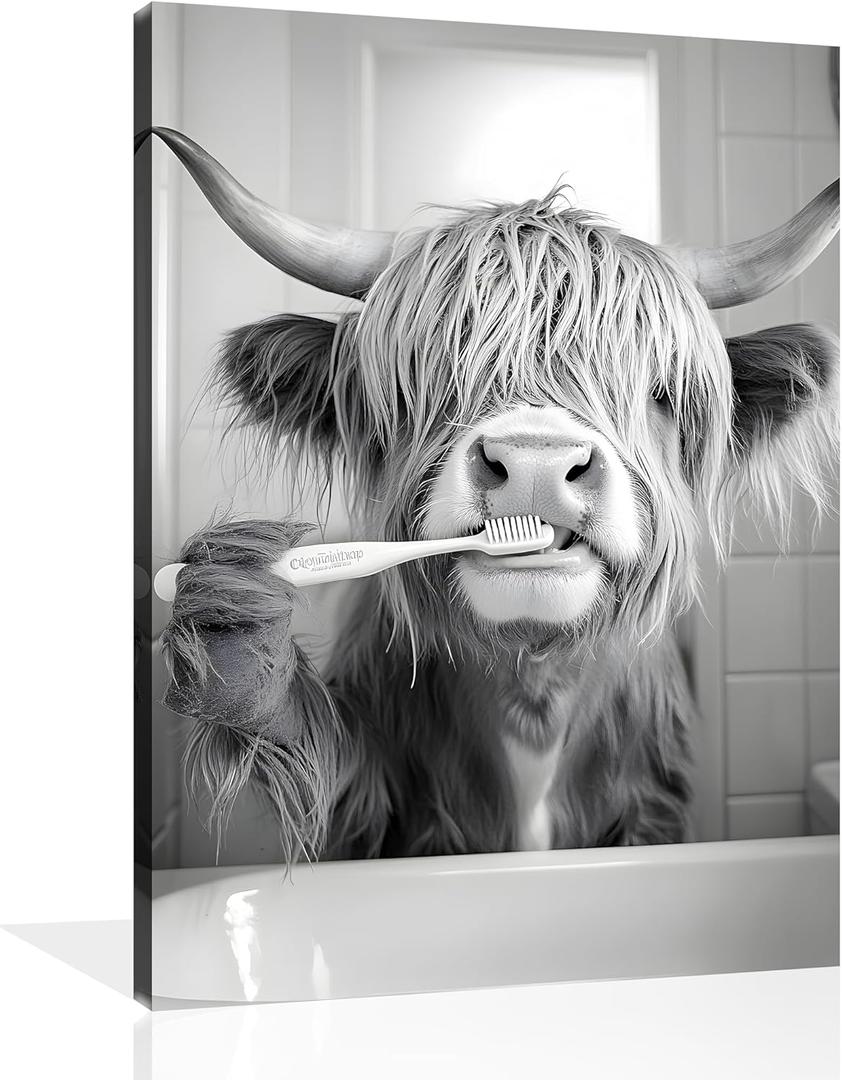 OWNANRTHM Highland Cow Bathroom Canvas Wall Art Funny Animals Bathroom Pictures Highland Cow Brushing Teeth Painting Black and White Animals Toilet Poster for Toilet Restroom Wall Framed 12X16 inch