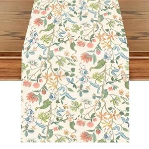 JCJT Spring Floral Table Runner 13x72 Inch – Vintage Botanical Wildflower Print – Rustic Farmhouse Kitchen Dining Table Decor for Easter & Mother's Day – Beige & Green