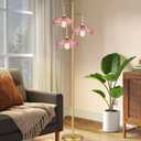 QIYIZM Pink Floor Lamp for Living Room,Bedroom,Gold Mid Century Modern Standing Lamp Brass Tree 3 Light Tall Floor Lamps Vintage Retro Floor Lights Glass Flower Lamp Shade Farmhouse Boho Bohemian