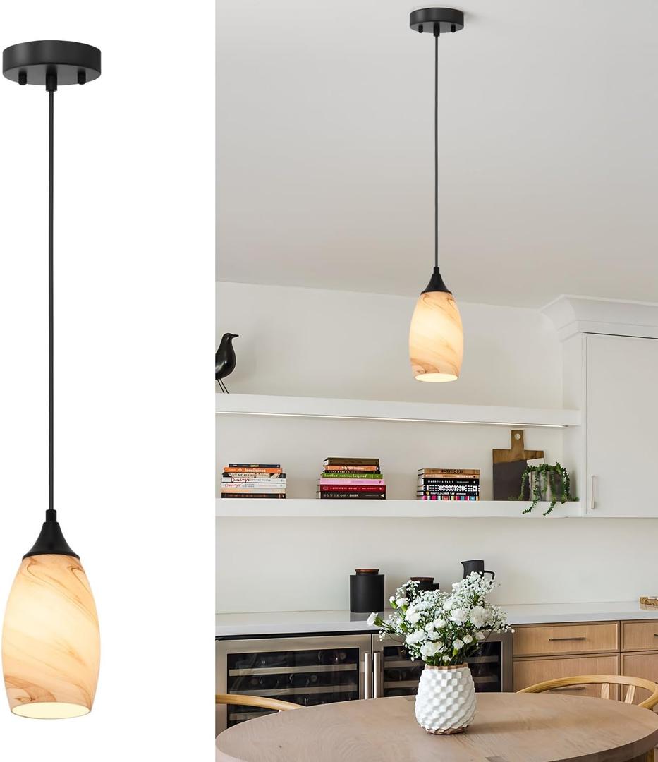 ANYLOVE Vintage Art Brown Stripe Pendant Lighting,1-Pack Hand Glass Hanging Light Fixture,Adjustable Cord for Kitchen,Hallway,Dining Room