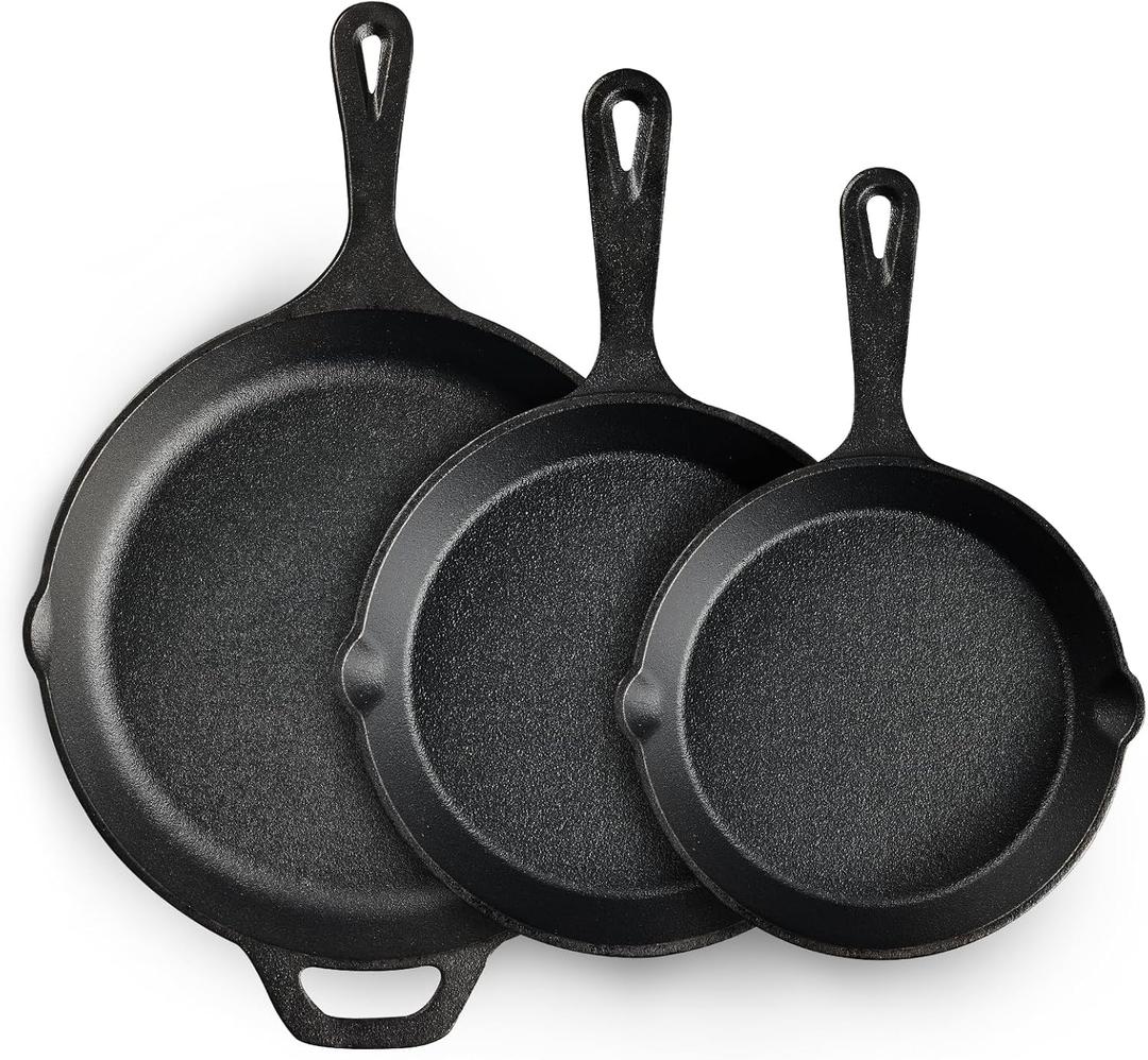 EWFEN Cast Iron Skillet 3-Piece Set, Heavy-Duty Professional Restaurant Chef Quality Pre-Seasoned Pan Cookware Set, 6", 8", 10" Pans For Frying, Saute, Cooking, Use Indoor/ Outdoor, Oven, Grill