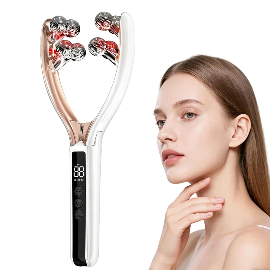 Facial Massager with 3D Roller,Lymphatic Drainage Tool for Face,Arm,Leg and Neck massage - Lymphatic Contour Face Brush Lift & Double Chin Reducer (Pearl white)