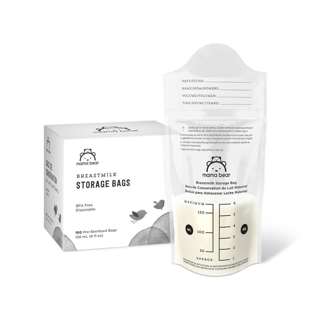 Amazon Brand - Mama Bear Breastmilk Storage Bags, Pre-Sterilized, BPA Free, Double Zips, for Refrigeration and Freezer Storage, 100 Count, 6 fl oz