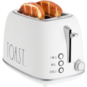 Rae Dunn Retro Rounded Bread Toaster, 2 Slice Stainless Steel Toaster with Removable Crumb Tray, Wide Slot with 6 Browning Levels, Bagel, Defrost and Cancel Options, White