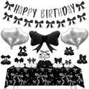 Black Bow Happy Birthday Decorations - Women Girls Bow Theme Party Decorations with Honeycomb Centerpieces, Banner, Foil Balloons, Tablecloth, Elegant Black Girly Birthday Party Decor for Girls Women Pack of 3