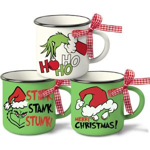 Merry Christmas Mini Coffee Mug Set of 3, Xmas Stink Stank Stunk Santa Hat Green 5 oz Mini Coffee Cups Tiered Tray Decor, Hohoho Funny Holiday Kitchen Coffee Bar Decorations Housewarming Gift