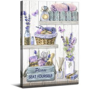 Purple Lavender Bathroom Wall Art Master Bathroom Picture Farmhouse Canvas Prints Rustic Retro Wall Decor Nature Country Flower Poster Artwork for Restroom Laundry Bath Home Decoration 16x24"