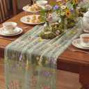 Sage Green Floral Table Runner 10ft Embroidery Tulle Spring Wildflower Table Runner Seasonal Summer Butterfly Kitchen Dining Gauze Decoration for Wedding Baby Shower Birthday Party (1 Pcs)