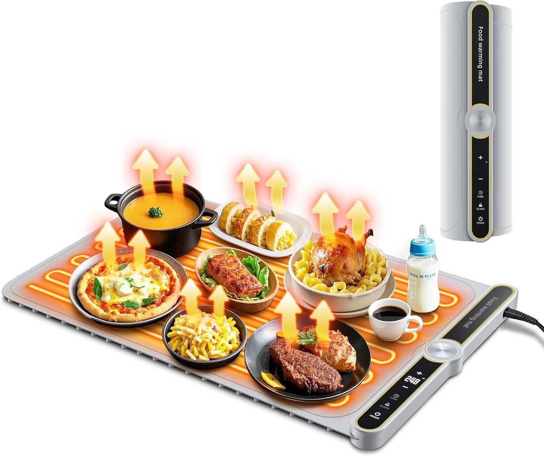 Warming Mat for Food, 24"x15" Food Warmer with 9-Temperature Adjustable, 1-6H Timer Electric Warming Tray Heat 6 Dishes, Child Lock, 8s Fast Heating, Foldable Food-Grade Silicone (XL Large Size:24"x15", Gray)