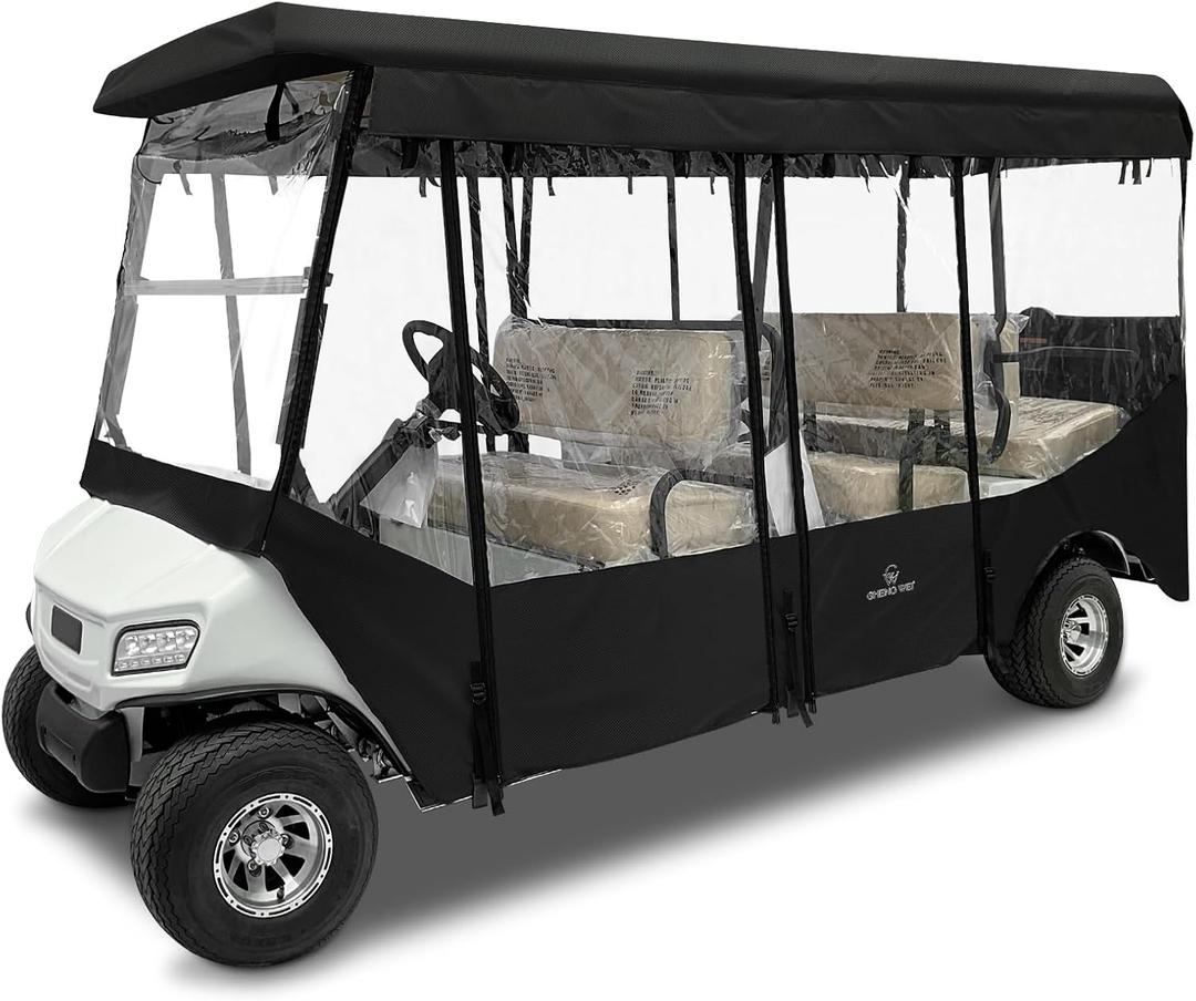 6 Passenger Golf Cart Enclosure for Club Car Villager 120" Extended Roof, 600D Waterproof Rain Cover with Full Roll-Up Clear Windows & Door, Zipper Side Mirrors Opening & Windproof Design