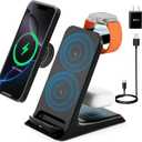 KPON Wireless Charging Station for Popsocket/Otterbox 10MM Compatible, 3 in 1 Wireless Charger Stand for Thick Cases of 0.39 inch, Multiple Devices for iPhone 16/15/14/13/12/11/Apple Watch/Airpods