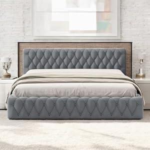 PVWIIK Upholstered Queen Platform Bed with Soft Fabric for Bedroom, Living Room, Solid Wood Bedframe w/ Wood Slat Support, Easy to Assemble, No Box Spring Needed, Grey