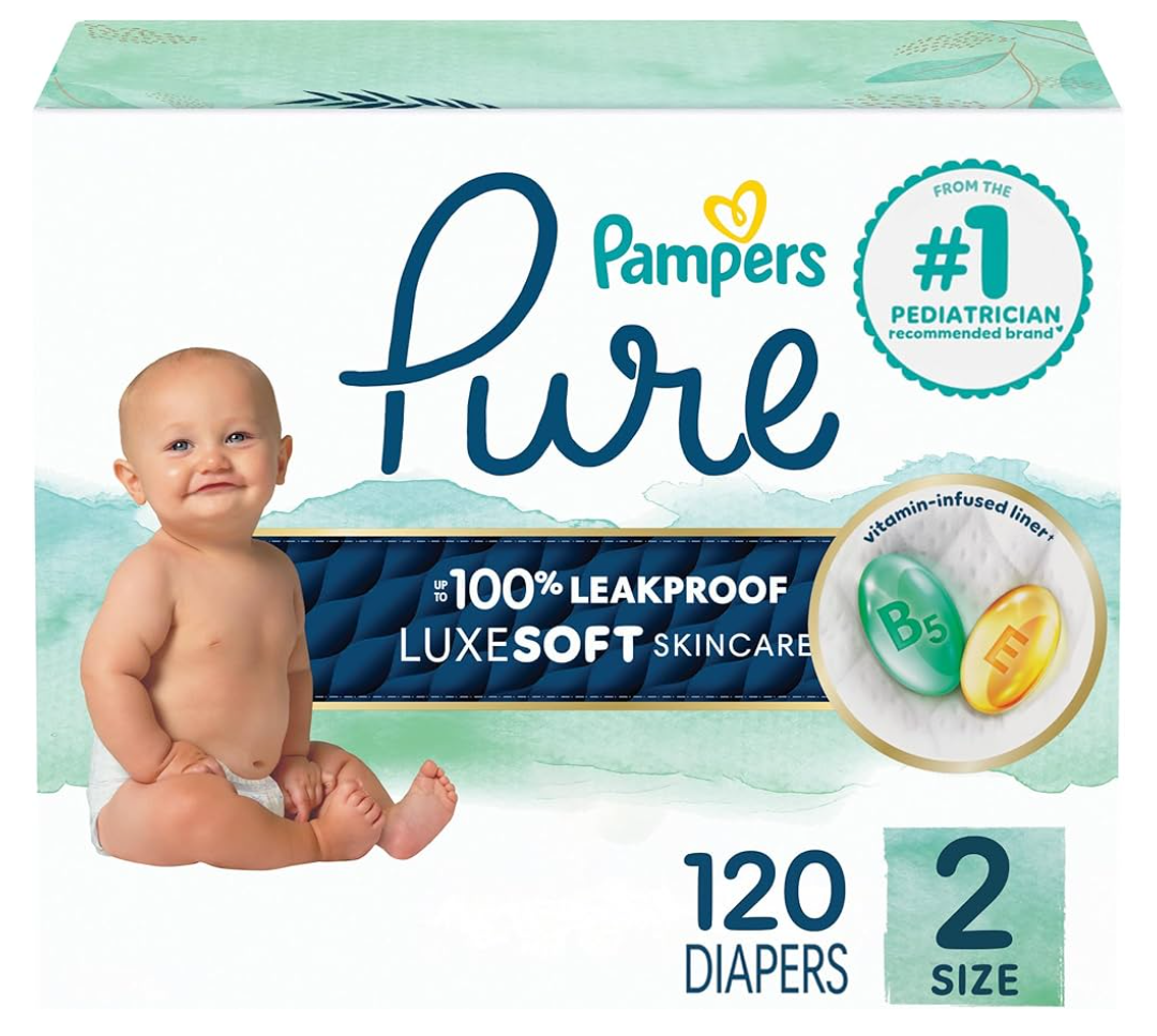 Pampers Pure Protection Baby Diapers, Size 2 (12-18 lbs), 120 Count, Up to 100% Leakproof, Premium Plant-Based Skin Protection, Hypoallergenic Soft Diapers