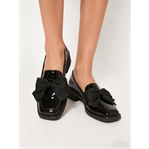 Patent Leather Loafers for Women Slip-On Platform Chunky Heel Bow Loafers, Size -8.5