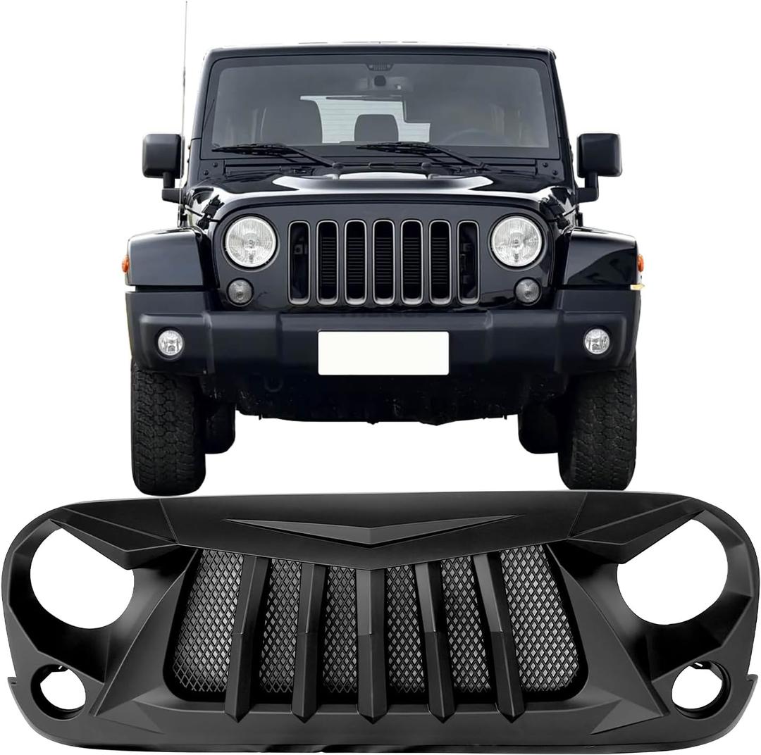 Front Bumper Grille for Jeep Wrangler Rubicon Sahara Sport JK 2007 2008 2009 2010 2011 2012 2013 2014 2015 2016 2017 2018 Replacement Front Grill, ABS Upper Hood Hollow Grille Part Car Radiator Guard