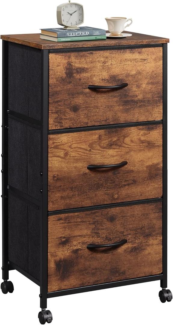 WLIVE Dresser with 3 Drawers, Fabric Nightstand, Cabinet with Wheels, Organizer Storage Dresser for Bedroom, Office, Closets, Sturdy Steel Frame, Easy Pull Handle, Rustic Brown Wood Grain Print