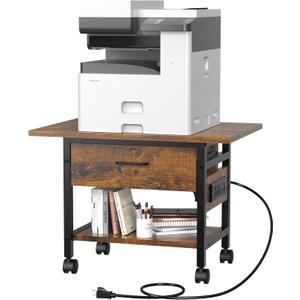 Aetheris 2-Tier Printer Stand With solid wood drawer, Under Desk Rolling Printer Stand with Charging Station, Printer Cart Holder with Lockable Wheels,Shelf for Small Spaces, Home Office, Rustic Brown