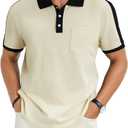 Men's Casual Polo Shirts Short Sleeve Classic Button Shirt Fashion Cotton Golf Tops with Pocket (Large, Beige)