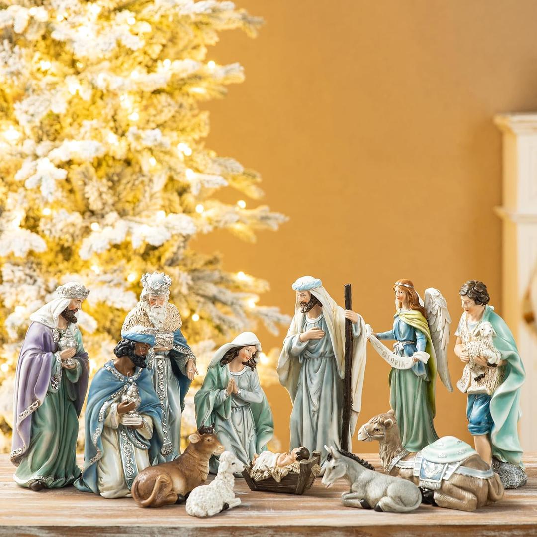 Glitzhome 12Pcs Nativity Figurines Sets for Christmas Indoor, Deluxe Blue Resin Christian Nativity Set Xmas Nativity Scene Tabletop Ornaments Miniatures Statue Nativity Figures Collectible 10" x 26"