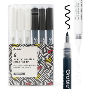 Grabie Black & White Extra Fine Tip Acrylic Paint Marker Set, 6 Pack, 0.7mm Acrylic Paint Pens for Highlights and Fine Details on Drawings, Rock Painting Glass Canvas Wood, White Highlight Markers