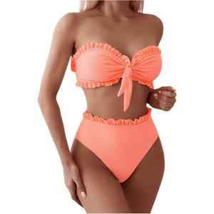 SOLY HUX Women's Ruffle Strapless Bikini Set 2 Piece Bandeau Swimsuit High Waist Bathing Suits Plain Orange, Small