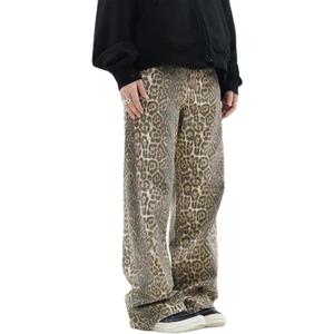 YELLOOP Leopard Print Jeans Y2k Jeans Leopard Jeans Grunge Y2k Pants Womens Baggy Jeans 2000s Leopard Pants (X-Large, Light)
