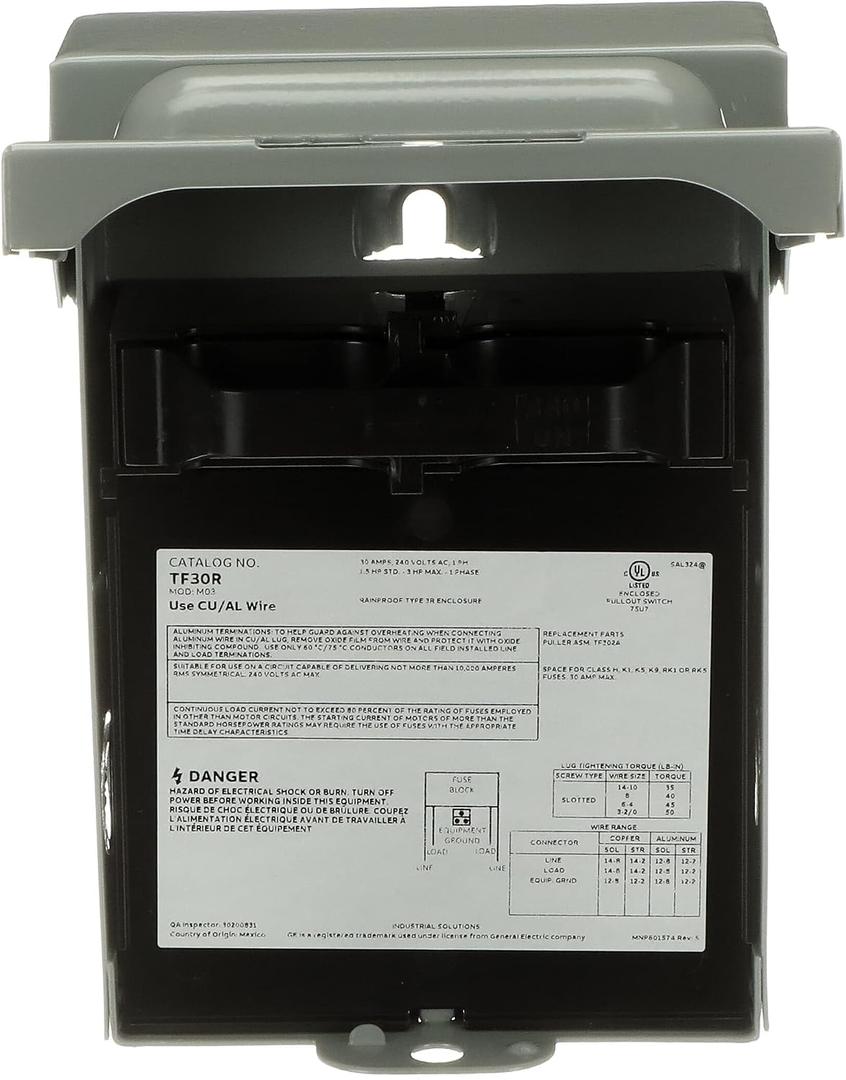 ABB TF30RCP Weatherproof Fused AC Disconnect Switch AC Disconnect 30A 240V 1 Phase N3R Horsepower Rated 10kAIC