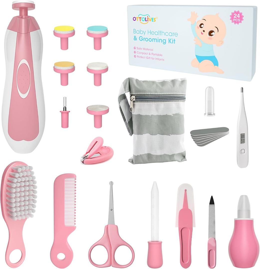 OTTOLIVES Baby Healthcare and Grooming Kit, 24 in 1 Baby Electric Nail Trimmer Set Newborn Nursery Health Care Set for Newborn Infant Toddlers Baby Boys Girls Kids Haircut Tools (0-3 Years+) (Pink)