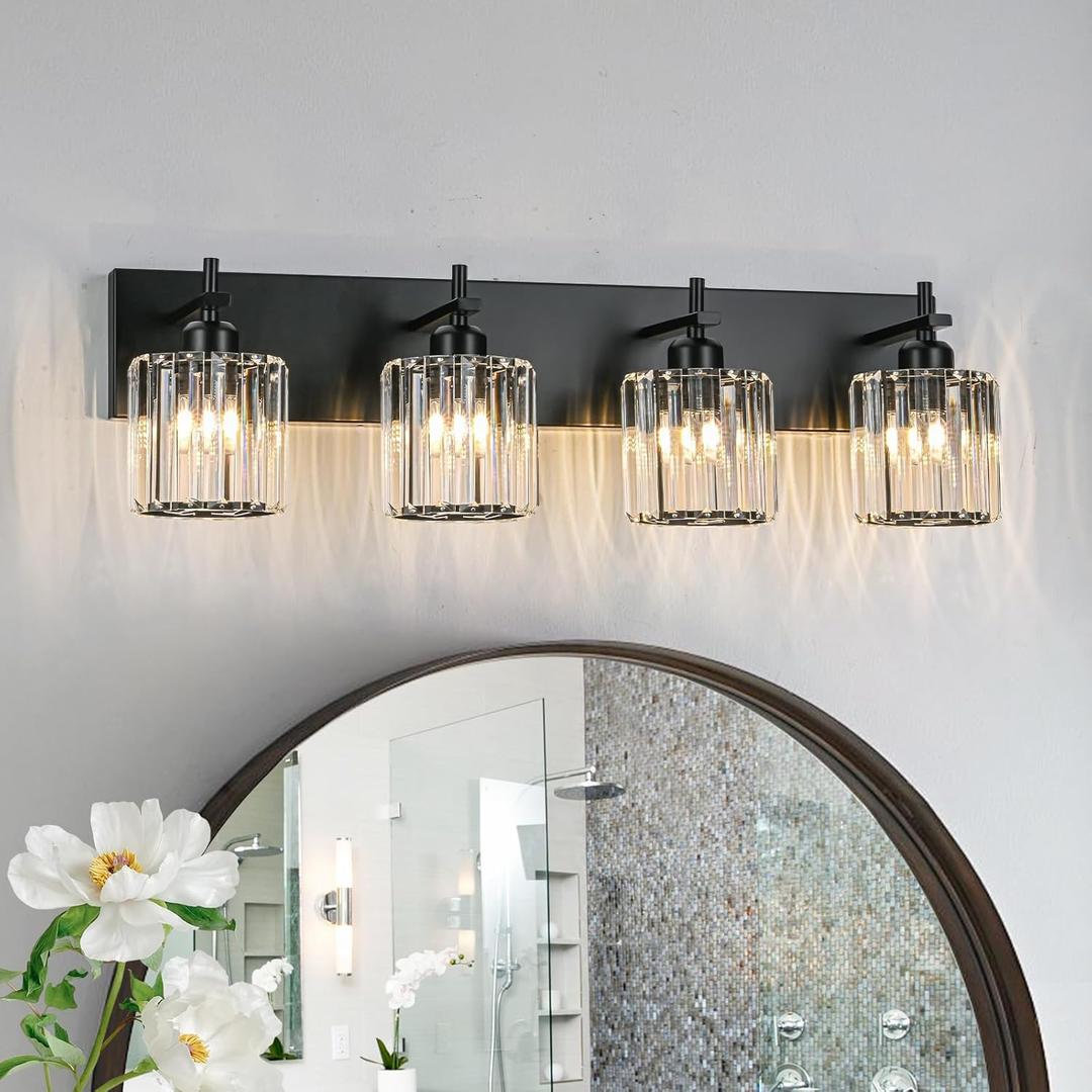 Black Crystal Bathroom Vanity Lights, Modern 4-Lights Bathroom Lighting Fixtures Over Mirror, Crystal Wall Lighting with Round Shade
