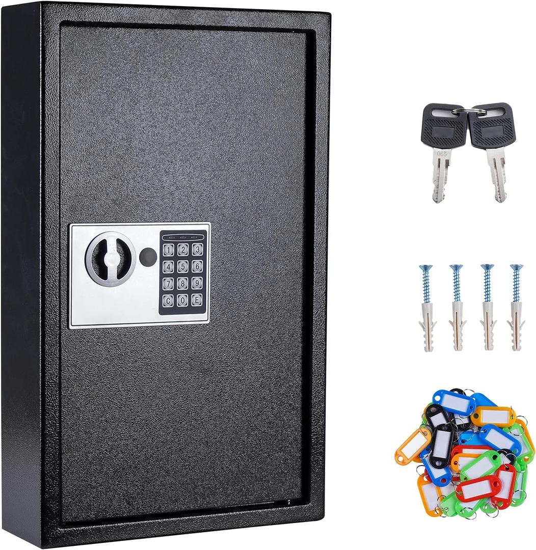 UMEKEN Key Box Wall Mount 60 Position Valet Digital Key Cabinet Lock Box with Code, Electronic Key Holder Lockbox with Key Tags, Key Organizer Locker Box, Black, 12" x 3.94" x 19.69"