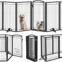 Metal Freestanding Dog Gate with Cat Door for Indoor&Outdoor,120" Extra Wide Foldable Pet Gate,36" Tall Foldable Indoor Dog Fence for Wide Openings Stairs,Deck,Yard,Doorways(6 Panels, Black)