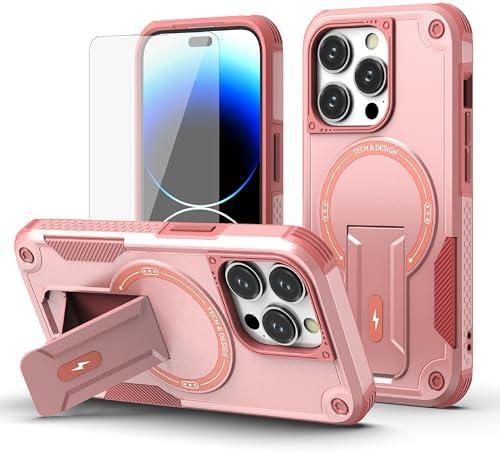 Asuwish Phone Case for iPhone 14 Pro 6.1 inch with Tempered Glass Screen Protector and Slim Magnetic Magsafe Rugged Stand Hybrid Cell Cover iPhone14Pro 5G i i-Phone i14 iPhone14 14Pro Women Men Pink