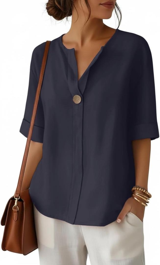 ETCYY NEW Summer Shirts for Women Button V Neck Blouses 2026 Short Sleeves Dressy Casual Tunic Tops (Blue), L