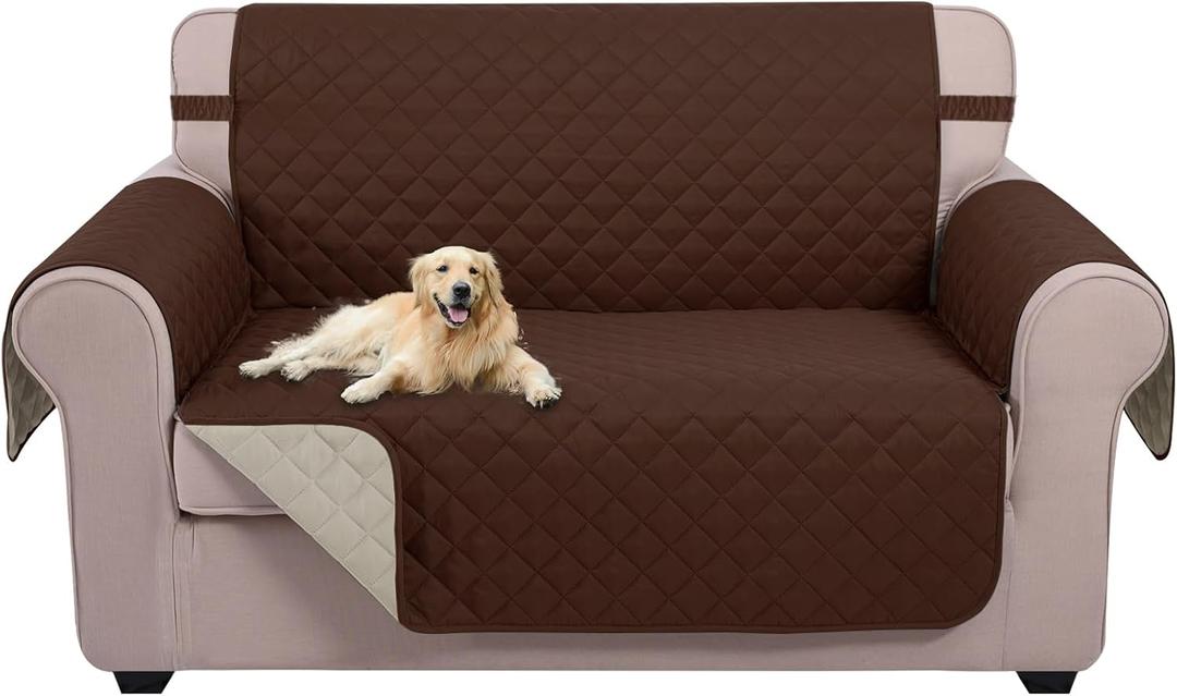 U-NICE HOME Loveseat Sofa Cover Reversible Couch Cover for Dogs with Elastic Straps Water Resistant Furniture Protector for Pets Couch Cover for 2 Cushion Couch (Loveseat, Brown/Beige)