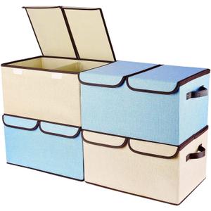 Larger Storage Cubes [4-Pack] Senbowe 33 Quart Linen Fabric Foldable Collapsible Storage Cube Bin Organizer Basket with Lid, Handles, Removable Divider For Home, Nursery, Closet - (16.5 x 11.8 x 9.8) (Blue/Beige)