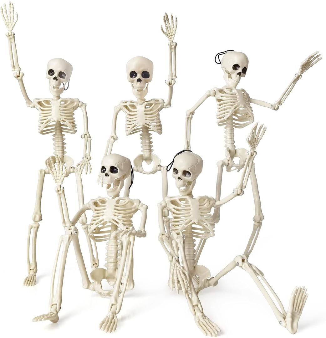 HADWYN 5 Packs Halloween Skeleton Decorations,16" Full Body Posable Joints Skeletons for Halloween Decorations, Indoor and Outdoor Horror Atmosphere Decorations
