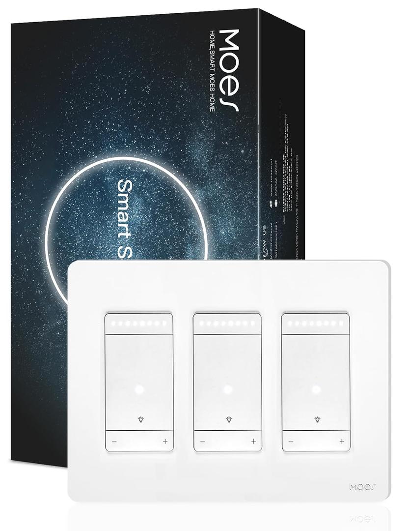 MOES 3 Way Smart Star Ring Dimmer Switch, 2.4GHz WiFi Dimmable Light Switch,Neutral Wire Required, Smart Life APP Remote Control, Works with Alexa & Google Assistant, Timer & Schedule White 3 Gang