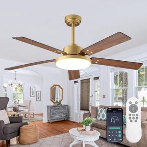 Gold Ceiling Fans with Lights and Remote, 52" Black Gold Smart Ceiling Fan with APP Control for Bedroom Living Room Patio, Dimmable LED Chandelier Outdoor Ceiling Fans with 6-Speed Reversible DC Motor