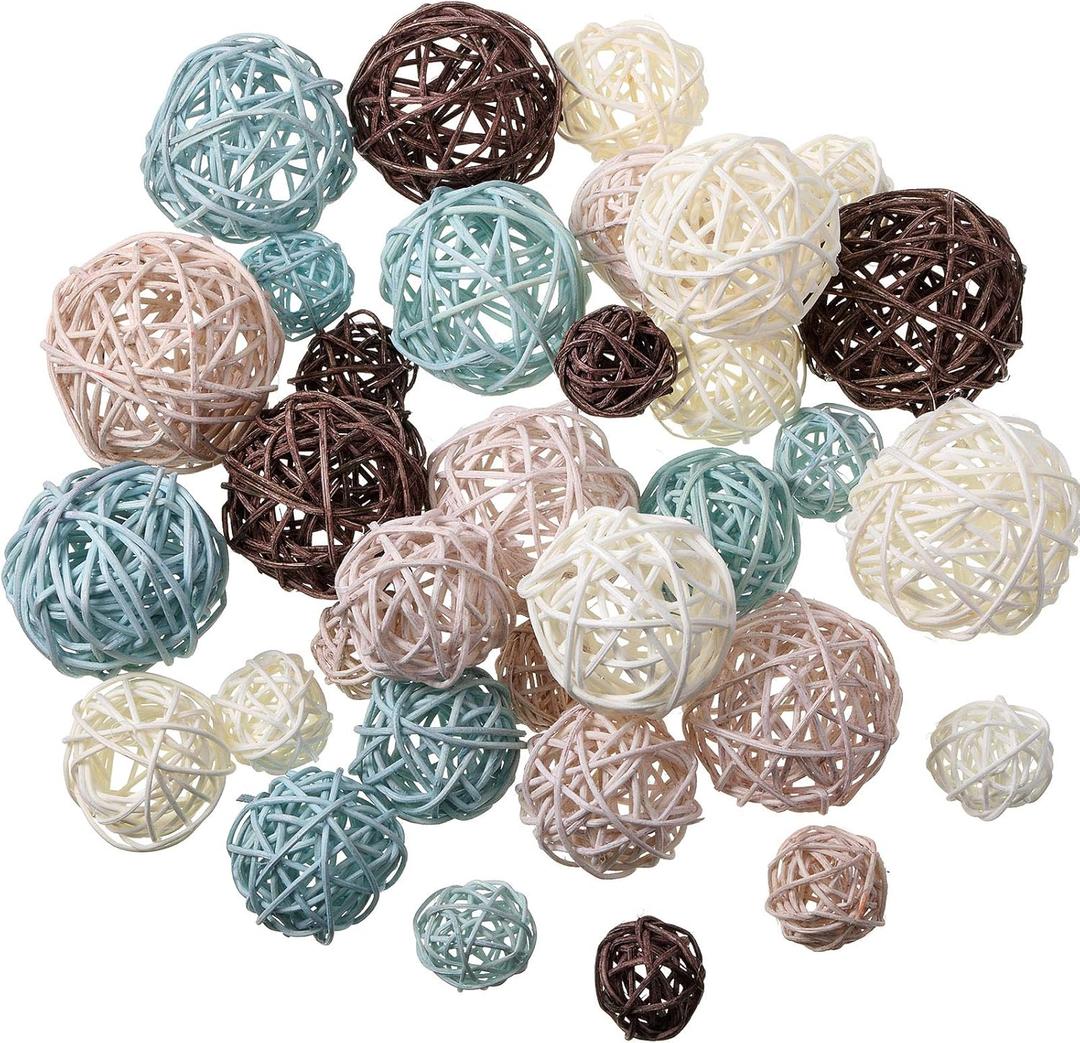 Patelai 36 Pcs Wicker Rattan Balls Decorative Balls for Vase Centerpiece Bowls Orbs Filler for Home Decor,4 Sizes(Blue, Brown, Dark Brown, White) (2.8'',2.4'',2'',1.6'')