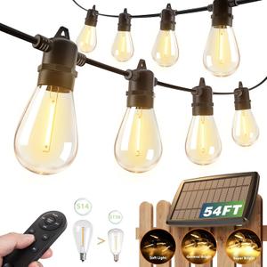 addlon 54FT(48+6) Solar String Lights Outdoor Waterproof with USB Charging & Remote Control - Dimmable Solar Power Patio Lights with LED Bulbs for Porch, Garden, Yard, Market, Bistro - Last for 20+Hrs (48+6FT(16 Sockets))