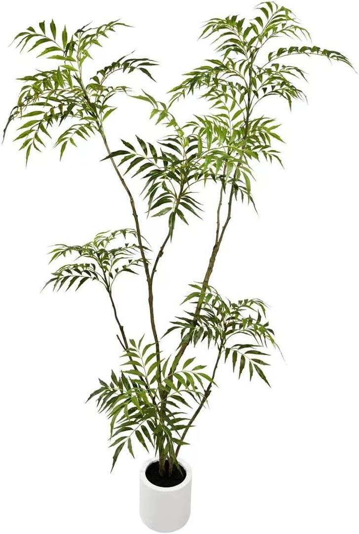 6ft Artificial Mahonia fortunei Tree Tall Fake Indoor Plant with White Plastic Planter, Large Faux Tree for Home Office Living Room Decor, Perfect Housewarming Gift