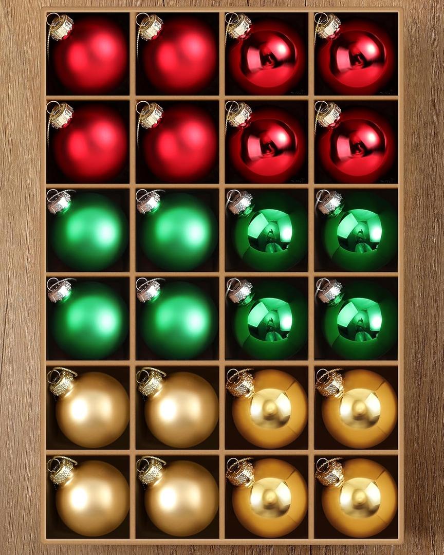 Syhood 24 Pcs Christmas Glass Ball Ornaments Set 2.36" Hanging Glass Bulbs with Loop Hanging String for Christmas Tree Decoration for Holiday Xmas Tree Gifts Home Decor (Red,Green,Gold)