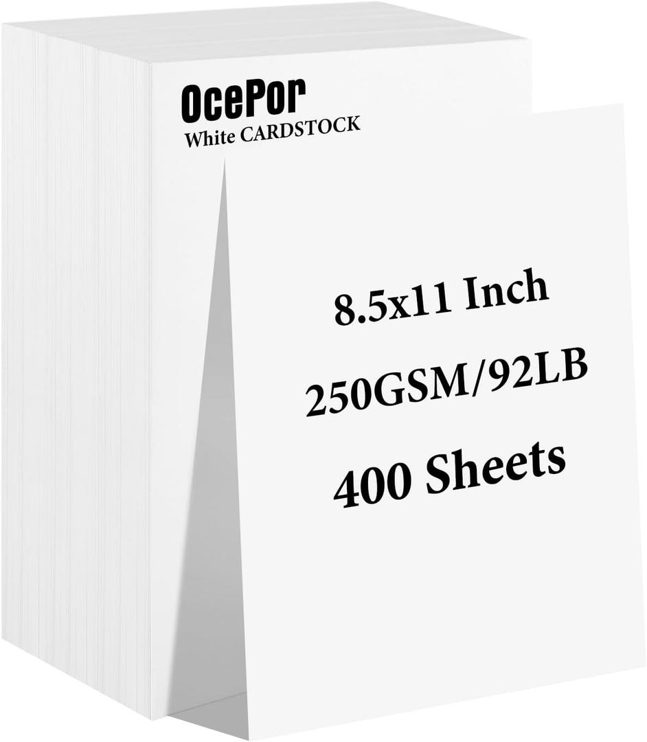 OcePor 400 Sheets White Cardstock 8.5 x 11, 92lb/250gsm Card Stock, Thick Card Stock Paper, Heavy Cardstock Paper for Printer, Resume, Scrapbooks, Art, Crafts, Business Cards
