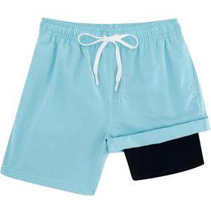 Cozople Boys Swim Trunks Compression Liner Swim Shorts Quick Dry Bathing Suit with Boxer Brief Swimwear 2-20T (7 Years, Solid Blue)