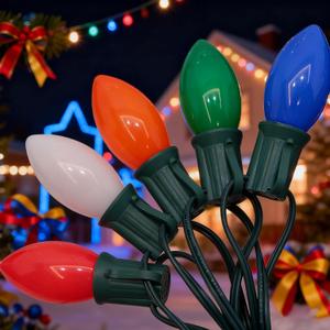 C9 LED Multicolor Christmas Light, 25FT Vintage Christmas Lights with 26 Ceramic LED Bulbs(1 Spare), Hanging Connectable Christmas Tree Roofline Lights for Patio Garden Holiday Home Christmas Decor