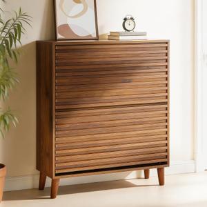 Narrow Shoe Storage Cabinet for Entryway 31.5'' Hidden Shoe Rack Cabinet with 2 Flip Drawers, Wood Slim Shoes Organizer with Wood Stripes for Hallway, Living Room (Walnut)