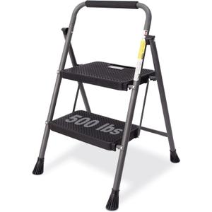 2 Step Ladder, GOLYTON 2 Lightweight Folding Step Stool with Wide Anti-Slip Pedal and Comfort Handgrip, Lightweight 500 lbs Portable Steel Ladder Multi-Use Household and Office, Grey (Gray)