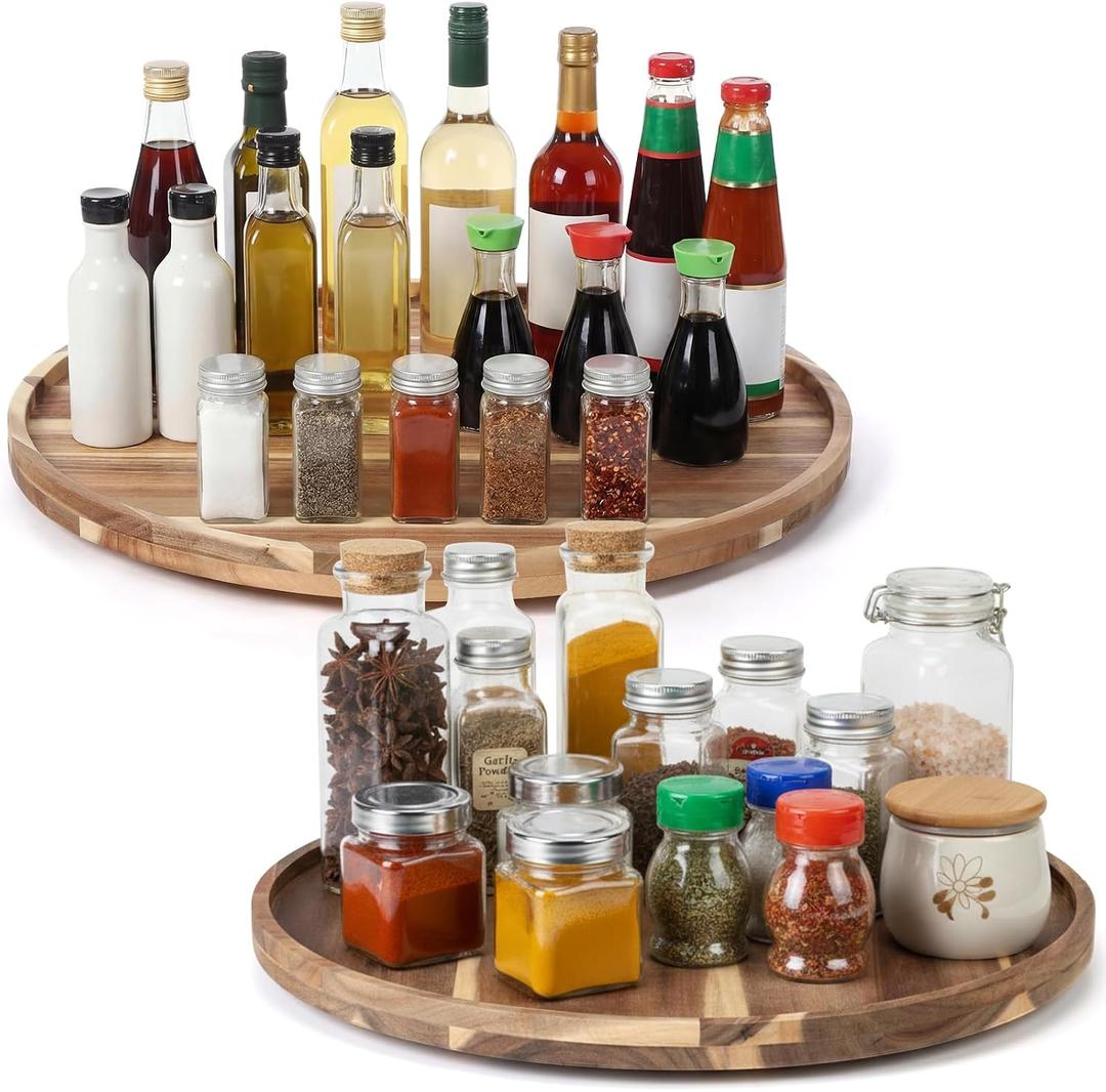 2 Pcs 20'' Wood Lazy Susan for Countertop Acacia Large Turntable Rotating Serving Tray for Table Top Non Skid Kitchen Tray Revolving Condiment Spice Rack Table Organization Storage, Natural